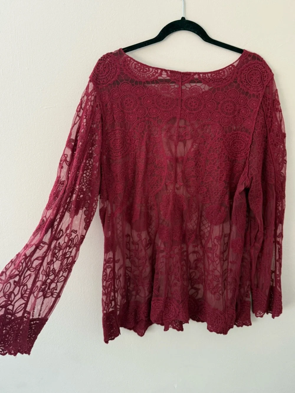 Sheer Crochet Burgundy Lace Long Sleeve Top Womens 2X Witchy Whimsigoth Boho - Picture 2 of 11